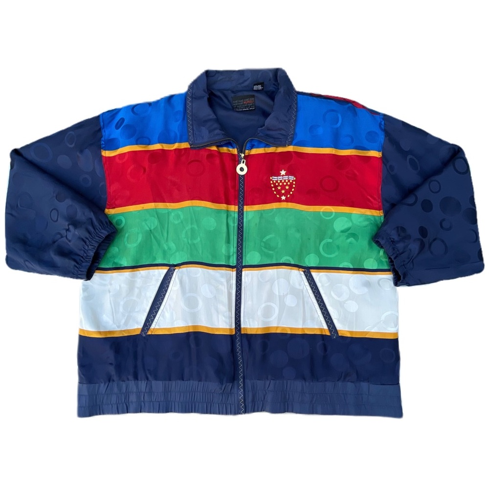 Vintage 90s Mureli Striped Polka Dot Blue Silk Windbreaker Zip Up Jacket